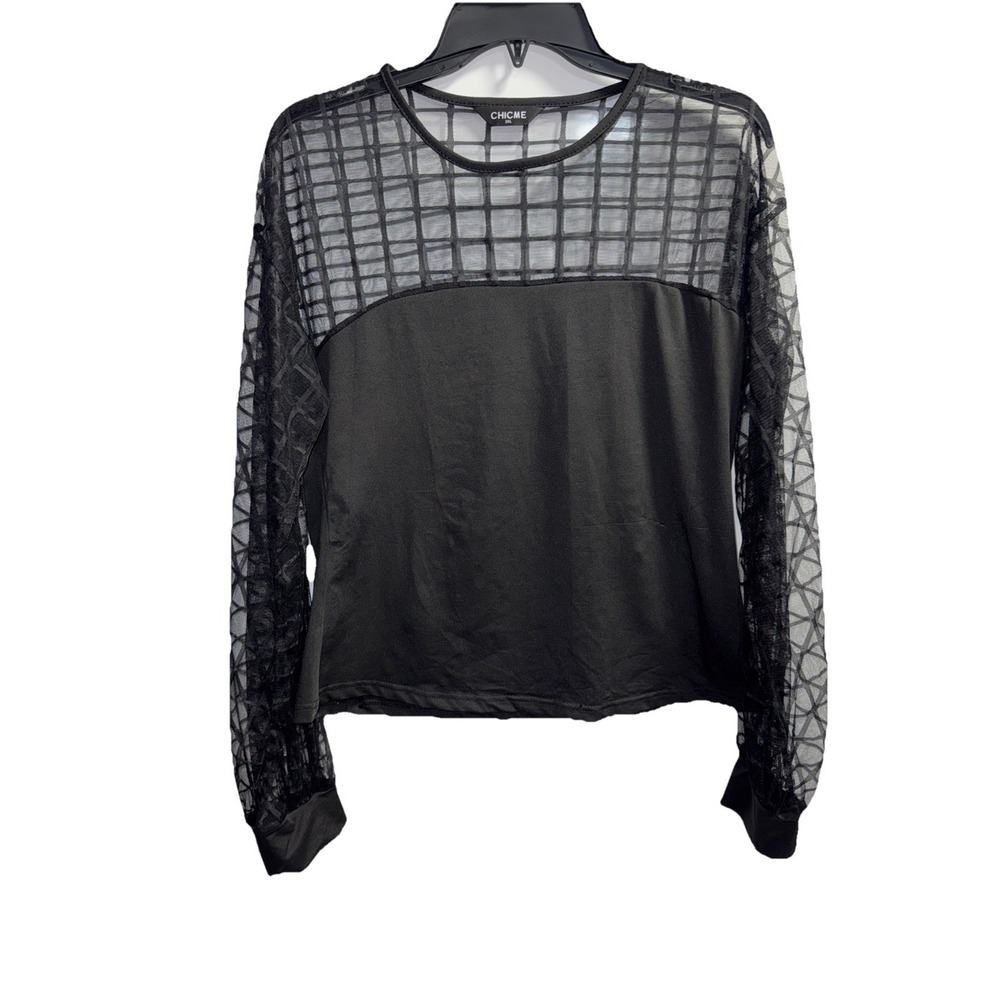 Black Sheer Grid Mesh Long Sleeve Women's Blouse